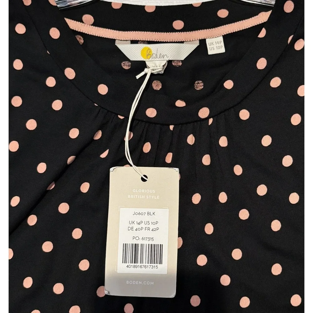 NWT Boden Black Pink Polka Dot Knit Dress‎ 3/4 Sleeve Fit Flare